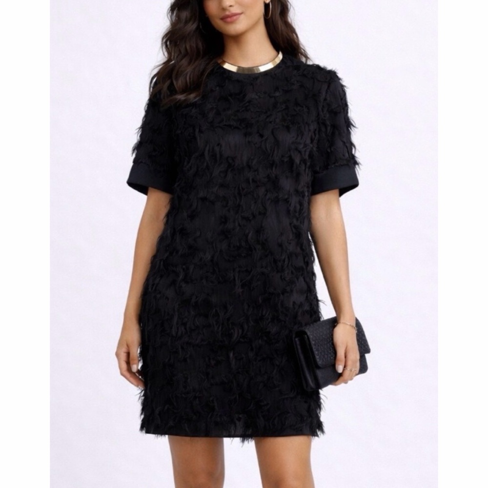 CARVEN • Black Faux Fur Mini Shift Dress, 6